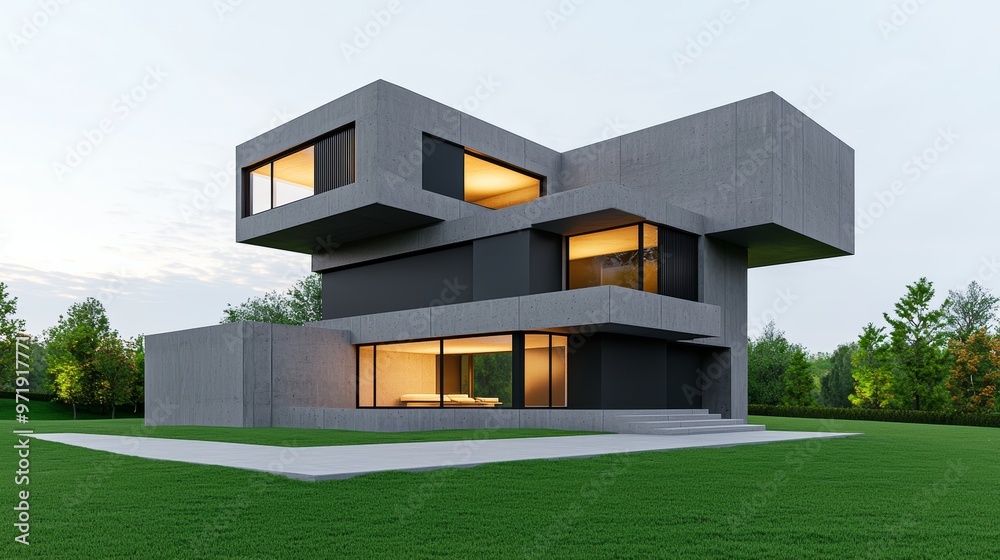 Contemporary minimalist concrete house with geometric architecture in an open green field. Contemporary minimalist concrete house with geometric architecture in an open green field.