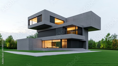 Contemporary minimalist concrete house with geometric architecture in an open green field.