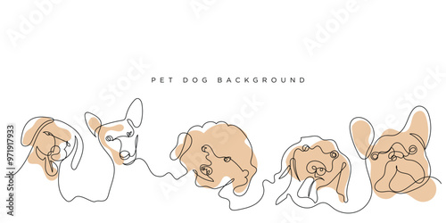 vector background of lines of various breeds of dogs.background template with various dog heads drawn in lines.one continuous line
