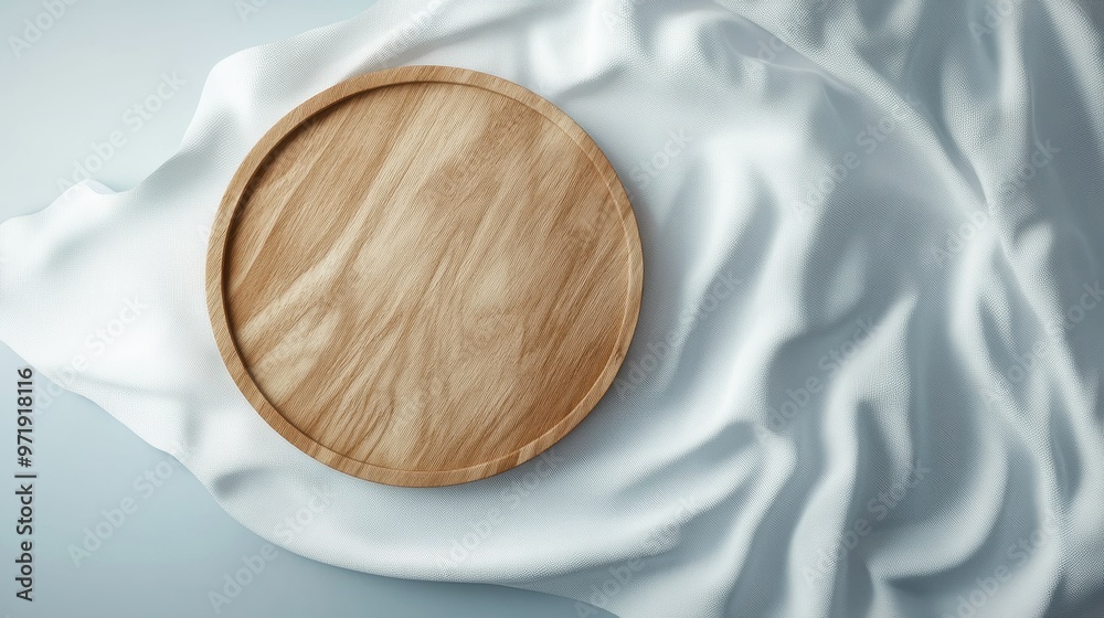Minimal round wooden mockup on smooth white-blue fabric background, natural light, clean design Minimal round wooden mockup on smooth white-blue fabric background, natural light, clean design