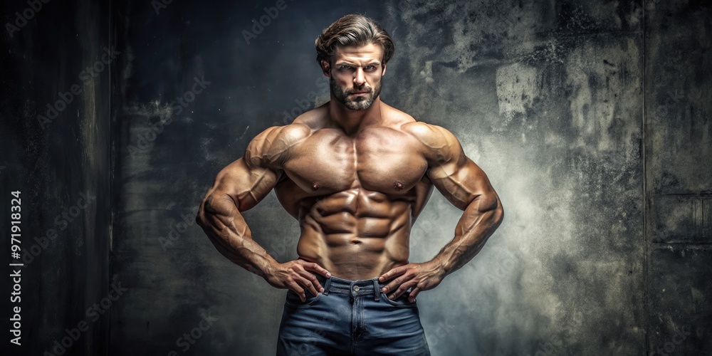 Strong masculine physique, toned muscles evident under skin, as the subject confidently stands with arm akimbo, showcasing broad shoulders and chest in a relaxed pose. Strong masculine physique, toned muscles evident under skin, as the subject confidently stands with arm akimbo, showcasing broad shoulders and chest in a relaxed pose.
