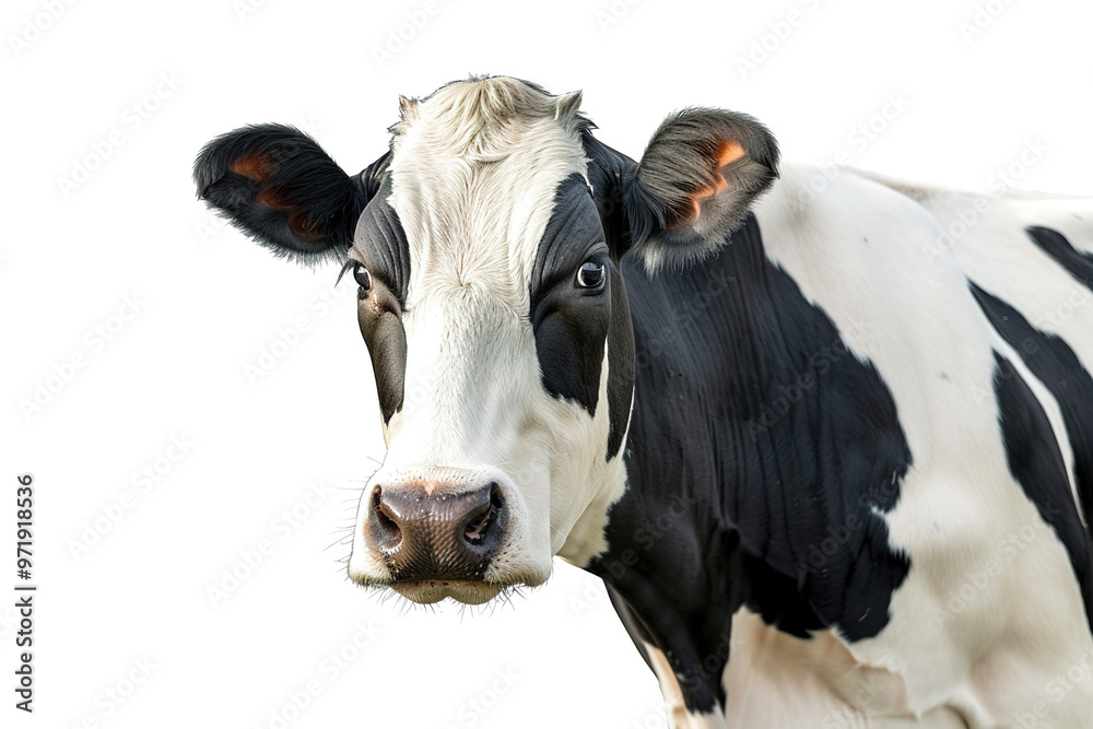 A curious black and white cow with gentle eyes stares directly at the camera against a clean white background. Farm animals. A curious black and white cow with gentle eyes stares directly at the camera against a clean white background. Farm animals.