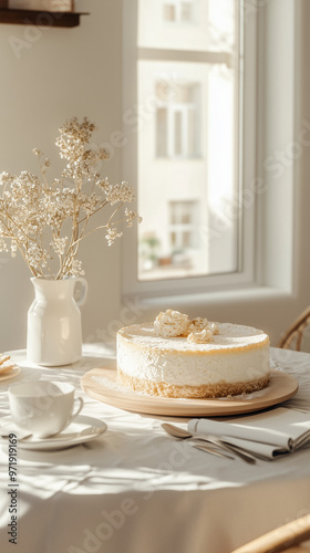 Wallpaper Mural Cheesecake slice, New York style classical cheese cake on wooden background. Slice of tasty cake on white plate with window background  Torontodigital.ca