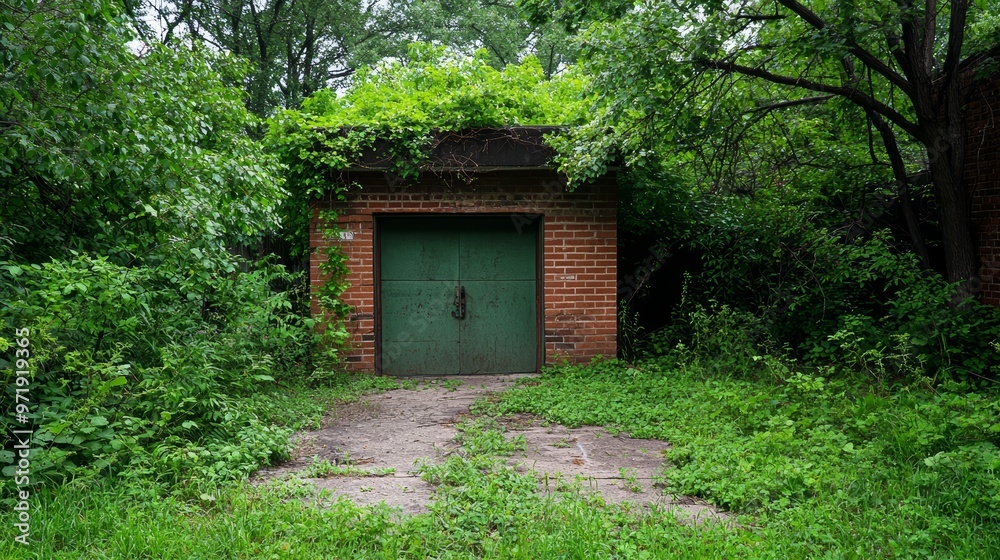 Abandoned brick garage overgrown with vegetation in a dense forest. Concept of nature reclaiming urban structures and urban decay. Abandoned brick garage overgrown with vegetation in a dense forest. Concept of nature reclaiming urban structures and urban decay.