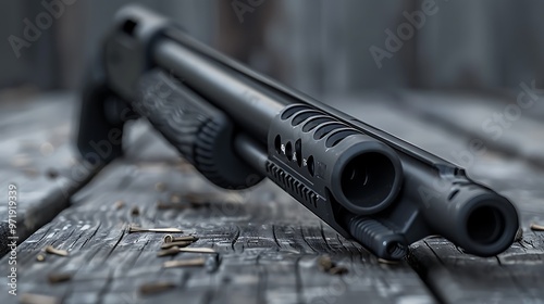 Flat side view of Remington 870 shotgun highlighting. photo