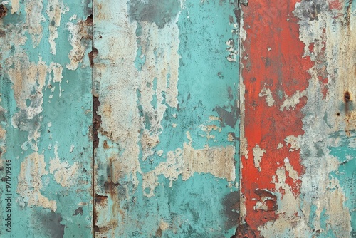 Weathered Metal Surface with Peeling Paint in Red, Blue, and White