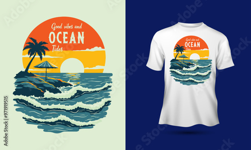 
Good vibes and Ocean Tides slogan retro illustration  sea beach summer vibes typography motivational quotes t-shirt design, 
