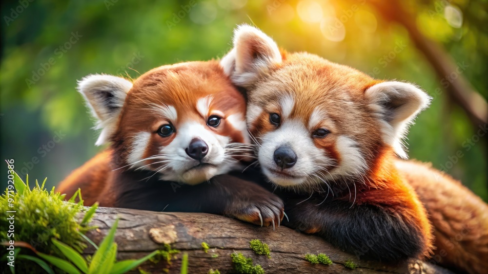 Two adorable red pandas snuggle together, their soft fur intertwined, as they nestle into a cozy embrace, radiating warmth and affection in a serene forest habitat. Two adorable red pandas snuggle together, their soft fur intertwined, as they nestle into a cozy embrace, radiating warmth and affection in a serene forest habitat.