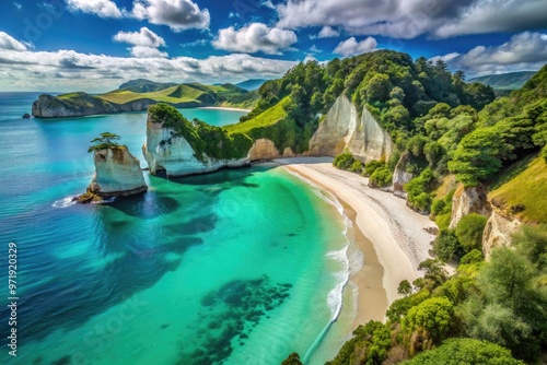 Turquoise waters lap against a white sandy beach, surrounded by lush green hills and towering limestone cliffs in a serene New Zealand marine reserve. photo