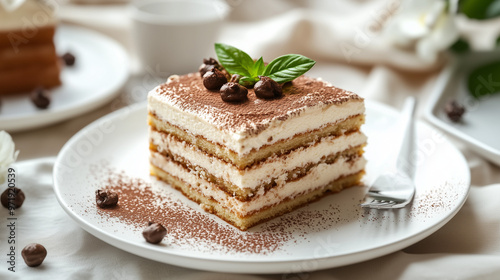 A festive Italian tiramisu cake decorated with chocolate chip on top 