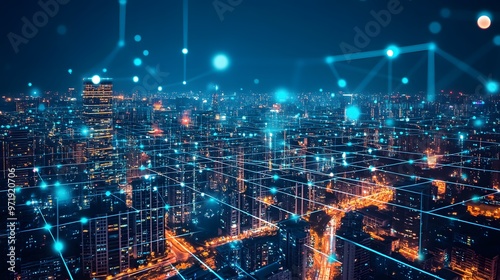 Wallpaper Mural A surreal cityscape where data flows through IoT-powered buildings and blockchain secures every transaction and activity Torontodigital.ca