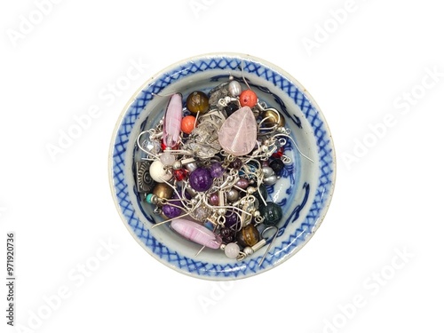 Earrings Beads Jewelries on Chinese Export Canton Porcelain Footed Dish white Background