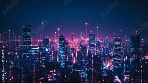 Wallpaper Mural A smart city skyline illuminated by the glow of IoT-connected buildings and blockchain-powered infrastructure Torontodigital.ca