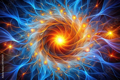 Vibrant abstract digitally generated artwork showcasing dynamic swirling patterns of electric blue light and wispy tendrils of orange energy radiating from a central vortex. photo