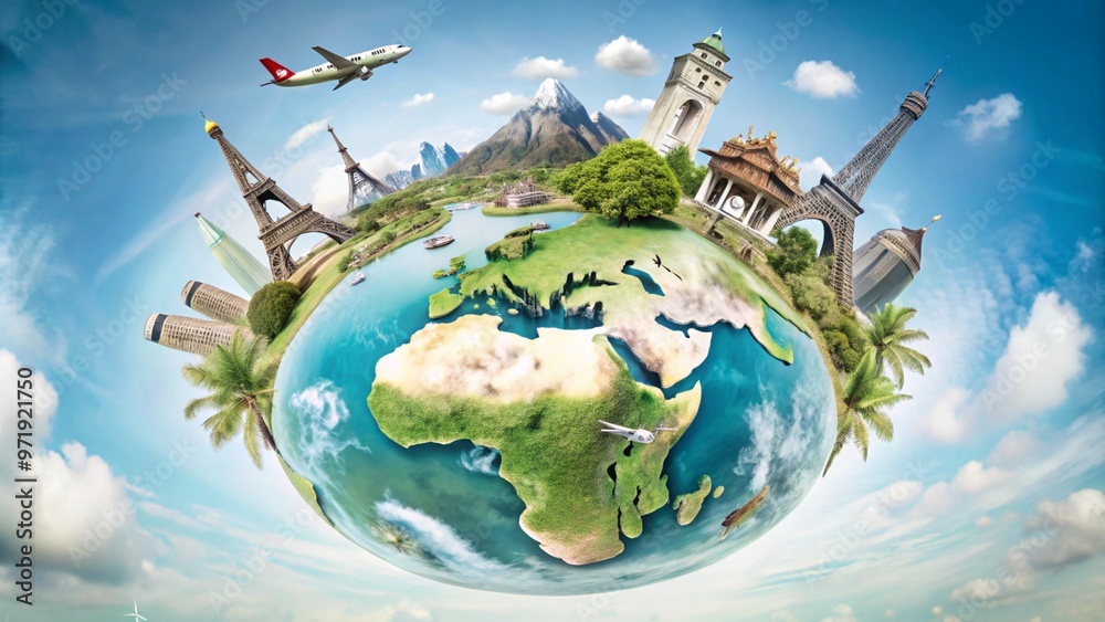 Naklejka premium A globe with various iconic landmarks from around the world, including the Eiffel Tower, the Statue of Liberty,