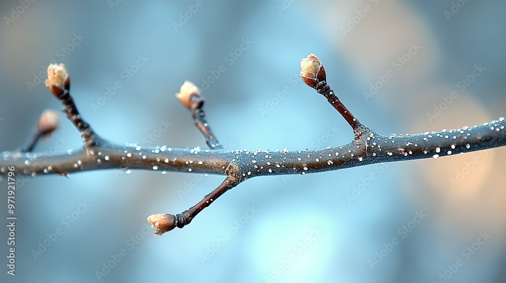 Close-up of a Branch with Buds and Dew Drops Close-up of a Branch with Buds and Dew Drops