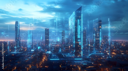 Wallpaper Mural High-tech buildings with digital facades displaying real-time city data, reflecting the adaptability of future smart cities Torontodigital.ca