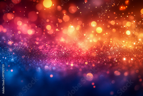 An abstract New Year background featuring vibrant bursts of color, shimmering lights, and glittering particles.