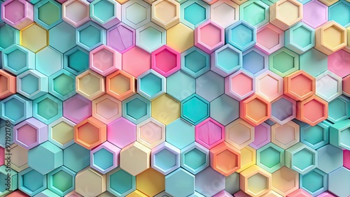 Vibrant, abstract, hexagonal patterns in pastel hues overlap and intersect, forming a mesmerizing, futuristic design with subtle grid textures and subtle 3D optical illusions.