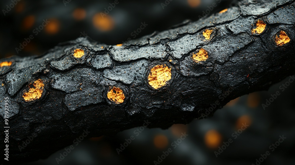 Close-up of Charred Tree Branch with Orange Patches Close-up of Charred Tree Branch with Orange Patches