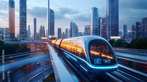 An intelligent transport network in a futuristic city where blockchain ensures secure, transparent, and fast commuting solutions photo