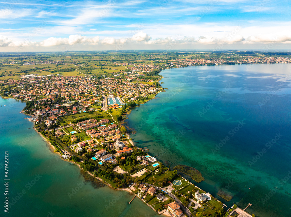Fototapeta premium Aerial drone photo of the city of Sirmione, Garda Lake in Italy.