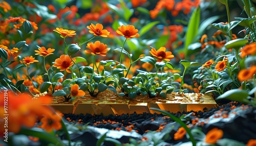 Opulent Garden of Gold Bars and Vibrant Flowers with Sci-Fi Essence in a Split-Complementary Color Palette