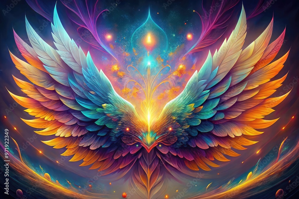 Obraz premium Vibrant, abstract wings illustration with intricate feather details, radiant colors, and delicate texture, evoking a sense of freedom, empowerment, and spiritual ascension.