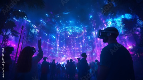 People enjoying an immersive entertainment experience in a futuristic park powered by IoT devices and blockchain technology