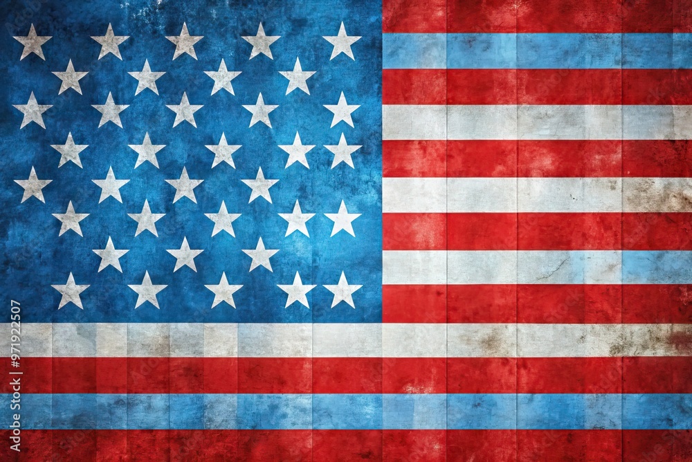 Naklejka premium Vibrant American flag patterned wallpaper with bold red and white stripes and white stars on a blue background, perfect for patriotic-themed designs and decor.