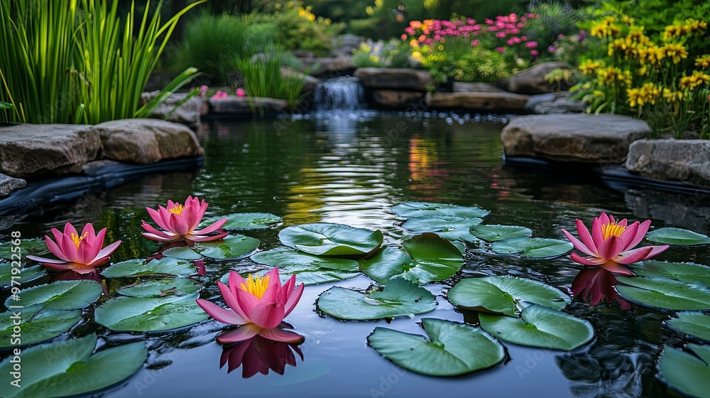 Pink Water Lilies Blooming in a Tranquil Pond Surrounded by Lush Greenery Pink Water Lilies Blooming in a Tranquil Pond Surrounded by Lush Greenery