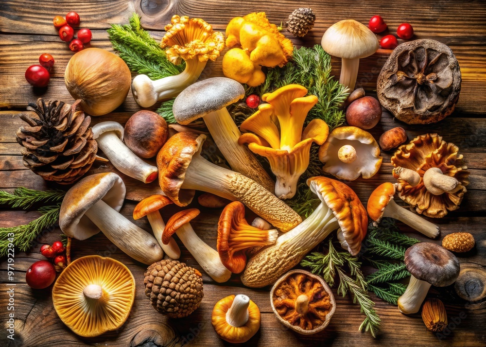 Vibrant assortment of various edible and poisonous mushrooms, including chanterelle, oyster, shiitake, morel, and fly agaric, arranged on a rustic wooden table. Vibrant assortment of various edible and poisonous mushrooms, including chanterelle, oyster, shiitake, morel, and fly agaric, arranged on a rustic wooden table.