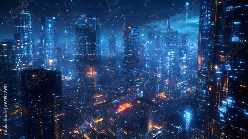 A panoramic view of a futuristic smart cityscape illuminated by the glow of IoT-powered buildings and blockchain-driven transport systems photo