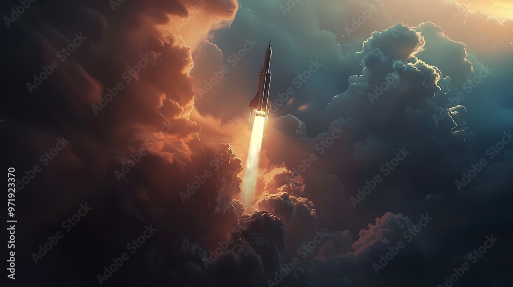 Obraz premium a rocket taking off from a launch pad.