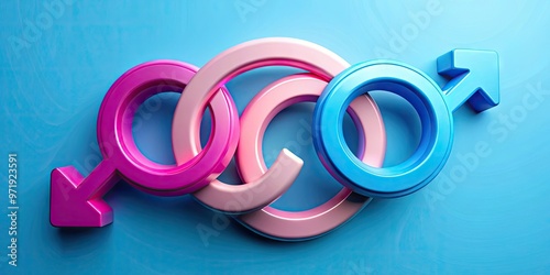 Vibrant blue and pink gender symbols intertwined, merged, and overlapping, conveying unity, harmony, and balance between masculinity and femininity in a modern, abstract design.