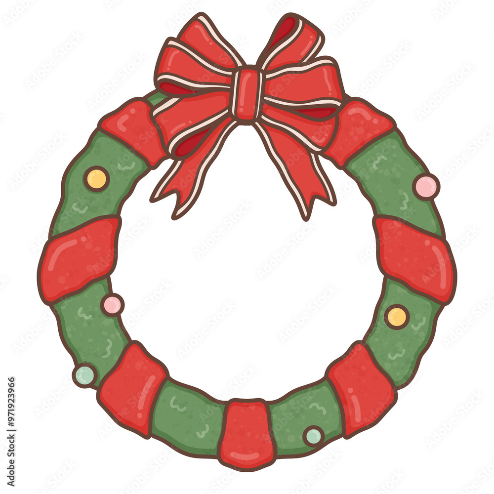 Christmas Wreath with Ribbon in trendy groovy hippie style.Merry Xmas 70s illustration Happy Winter holidays. Christmas Wreath with Ribbon in trendy groovy hippie style.Merry Xmas 70s illustration Happy Winter holidays.