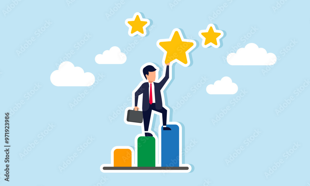 A businessman standing on a graph trying to catch a star, illustration of Awards or ratings a company receives for excellent business performance and progress A businessman standing on a graph trying to catch a star, illustration of Awards or ratings a company receives for excellent business performance and progress