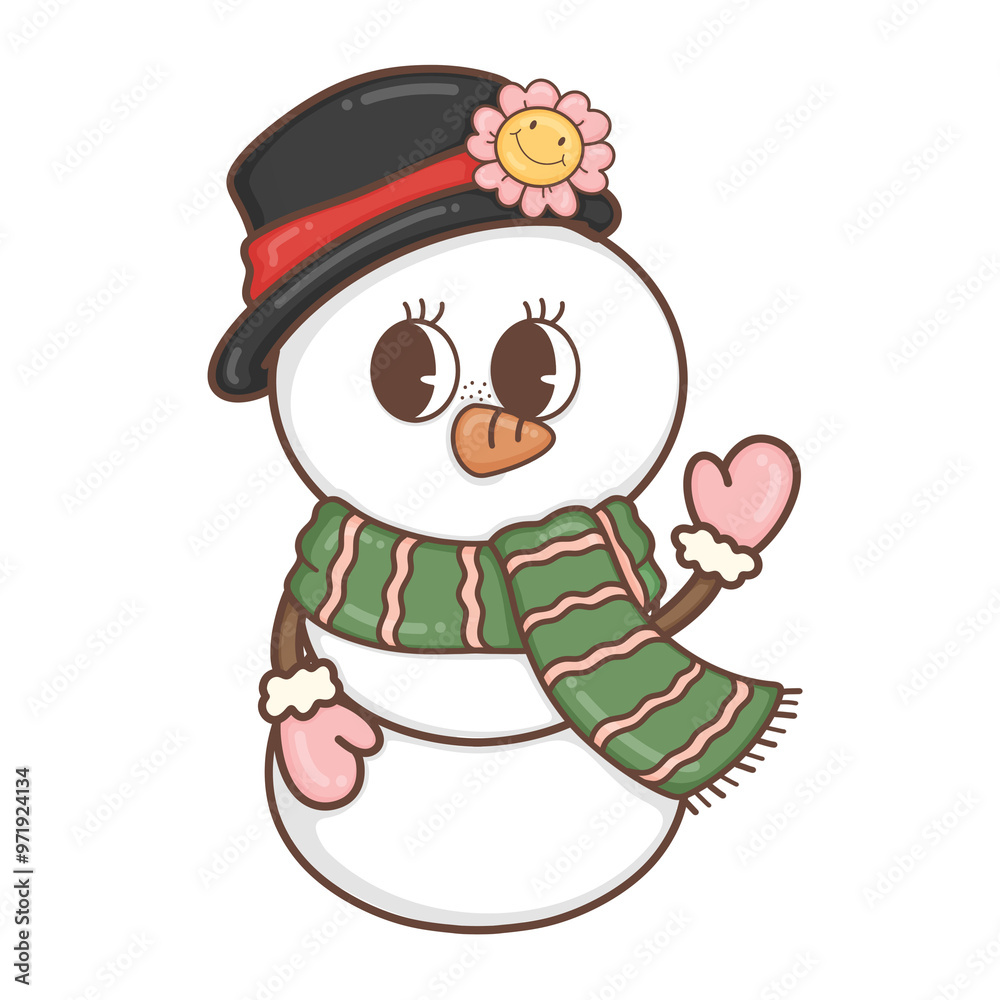 Christmas Cute snowman in Winter costume in trendy groovy hippie style.Merry Xmas 70s illustration Happy Winter holidays. Christmas Cute snowman in Winter costume in trendy groovy hippie style.Merry Xmas 70s illustration Happy Winter holidays.