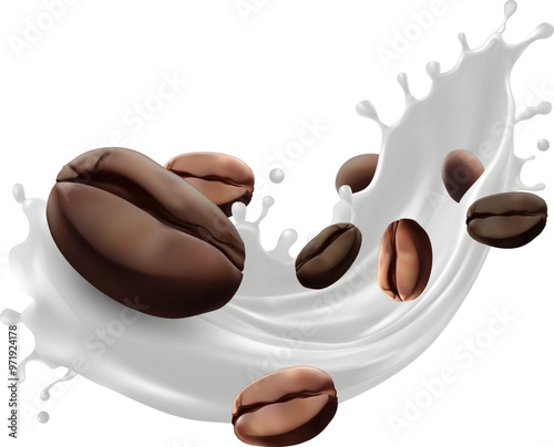 Milk coffee splash with Coffee Bean falling, 3d vector.Mesh gradient wes used