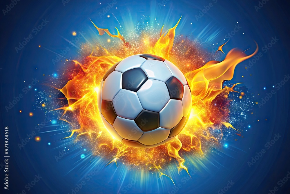 Fototapeta premium Vibrant cartoon soccer ball bursting with energy, surrounded by stylized flames and sparks, against a bright blue background with subtle texture and gradient effects.