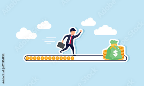 A businessman running on a coin loading bar towards a pile of coins and money bags, illustration of Step by step, a businessman collects profits to achieve greater gains