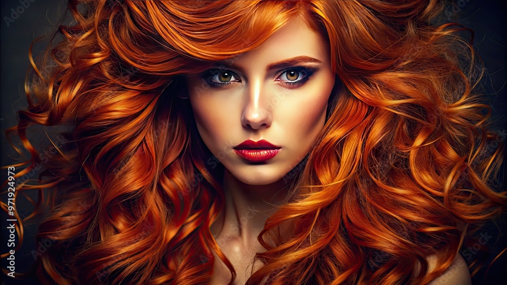 Vibrant close-up of a fiery redhead's tousled locks, warm golden light accentuating the deep crimson hue, with subtle hints of auburn and caramel undertones.