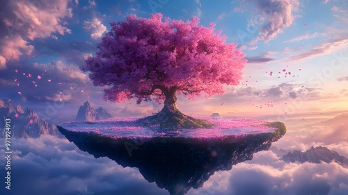 A big sakura tree on a floating island, its cool, neon blossoms casting light over a serene and futuristic landscape
