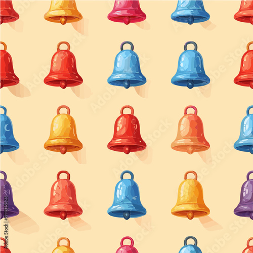 Seamless pattern of colorful cartoon bells in red, blue, and yellow. Perfect for playful, festive designs and kids' decor.