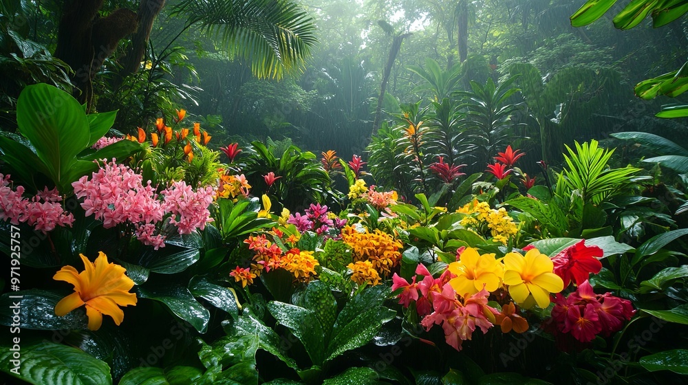 Vibrant Tropical Flowers in a Lush Rainforest Setting Vibrant Tropical Flowers in a Lush Rainforest Setting