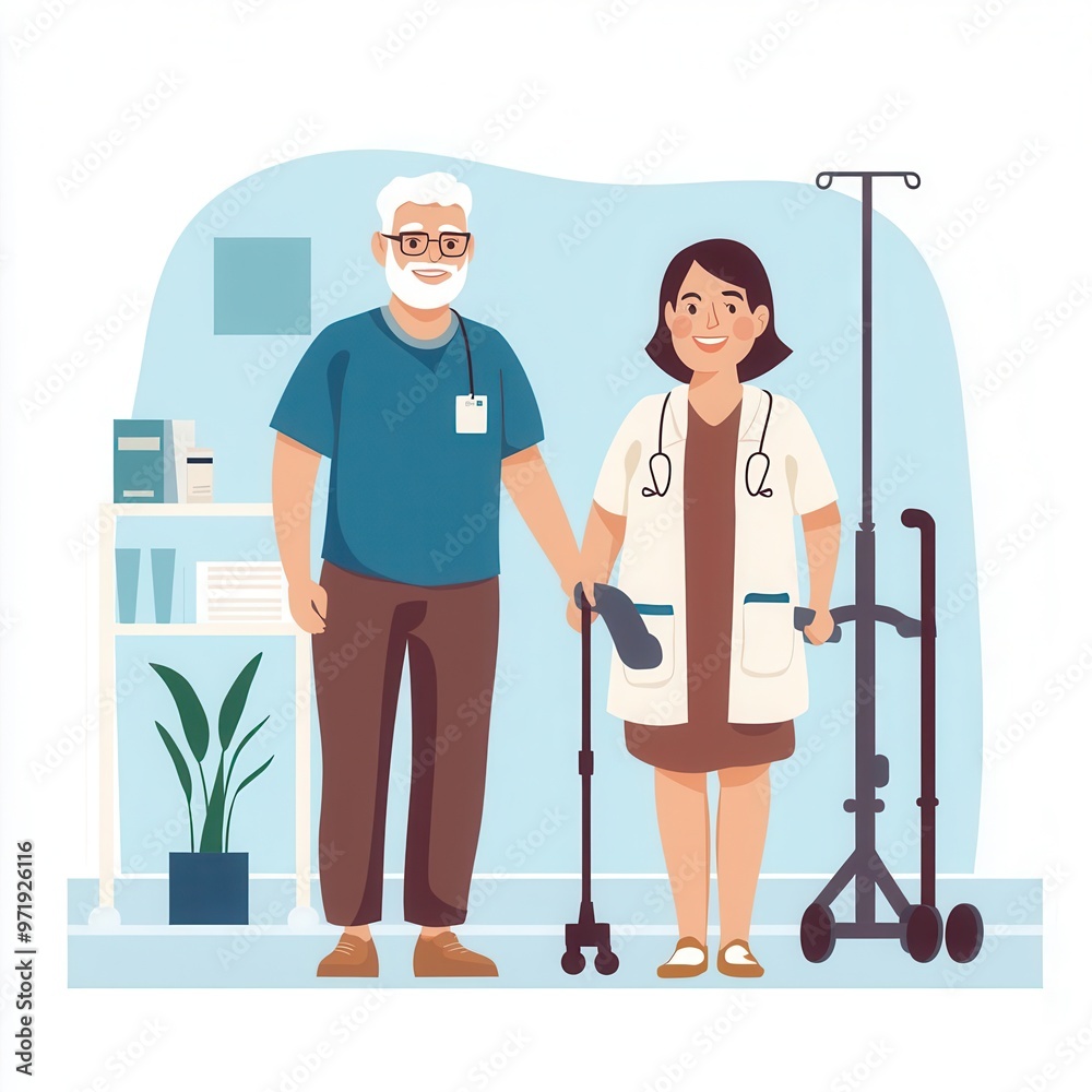 Senior couple in a rehabilitation center, physical therapy, cartoon style, neutral tones, isolated on white background Senior couple in a rehabilitation center, physical therapy, cartoon style, neutral tones, isolated on white background