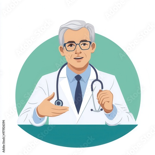 Senior doctor in a lab coat, discussing elderly health, flat design, neutral tones, isolated on white background