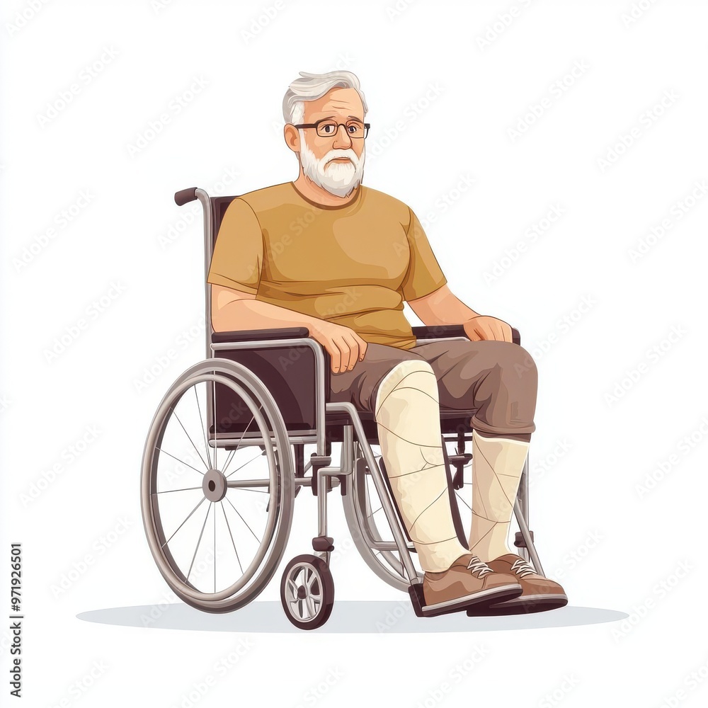 Senior man in a wheelchair with a cast on his leg, postinjury recovery, cartoon style, neutral colors, isolated on white background Senior man in a wheelchair with a cast on his leg, postinjury recovery, cartoon style, neutral colors, isolated on white background