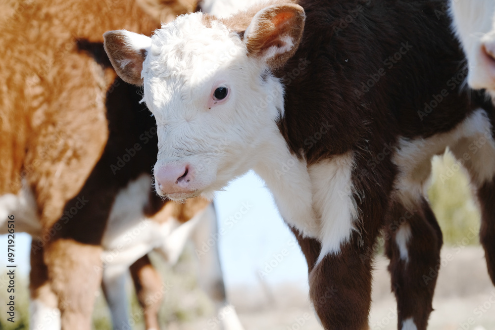 Hereford calf cow closeup on beef ranch with herd of cattle for brown and white breed of bovine. Hereford calf cow closeup on beef ranch with herd of cattle for brown and white breed of bovine.