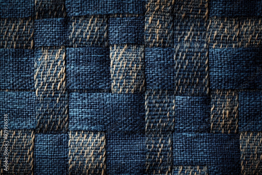 Close-up of a Checkered Blue and Brown Woven Fabric Close-up of a Checkered Blue and Brown Woven Fabric